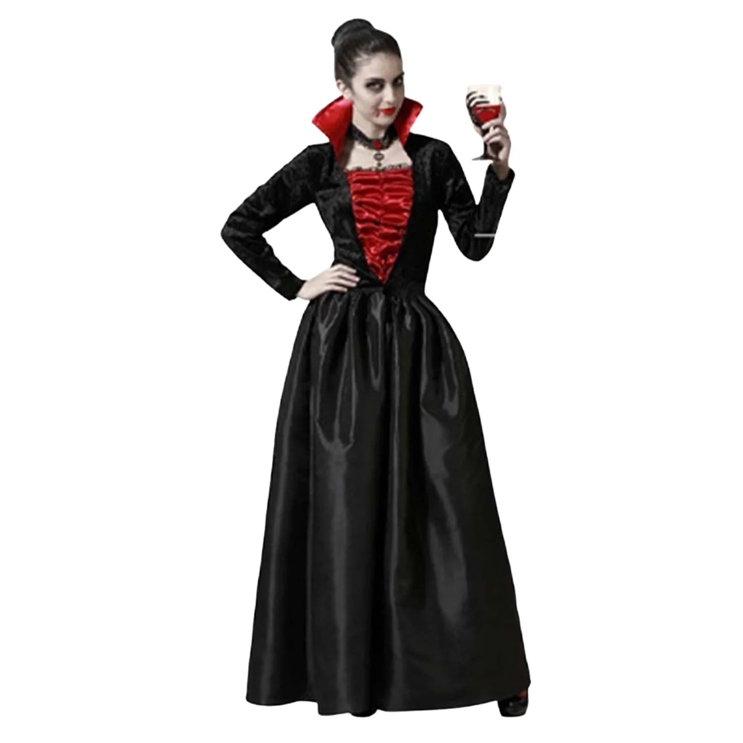 Disfraz vampiresa elegante adulta con vestido negro y burdeos