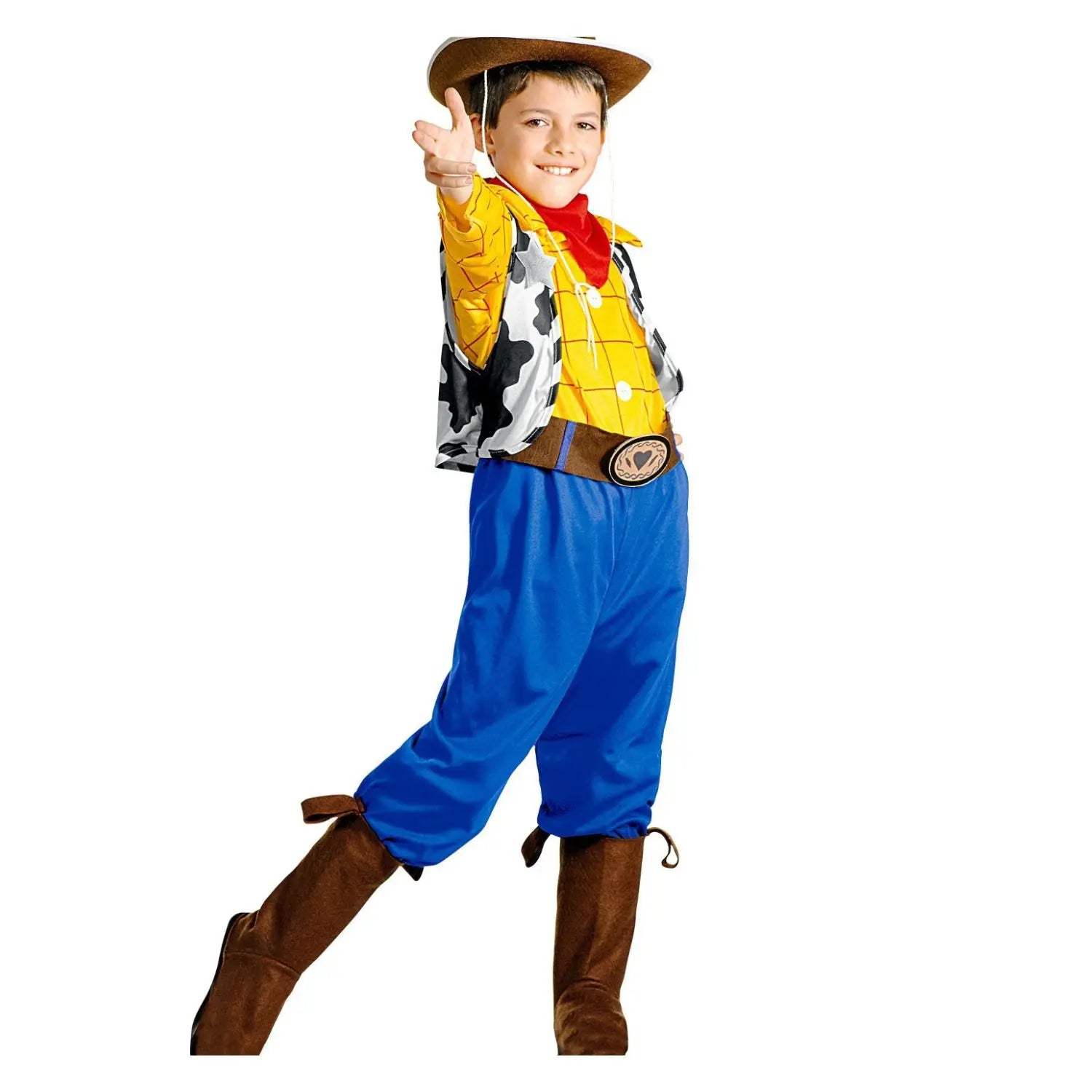 Disfraz Vaquero Billy infantil con camisa amarilla, chaleco, pantalón azul, cinturón, cubrebotas y bandana