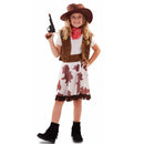 Disfraz de vaquera niña con falda estampado vaca marrón, chaleco y sombrero estilo oeste