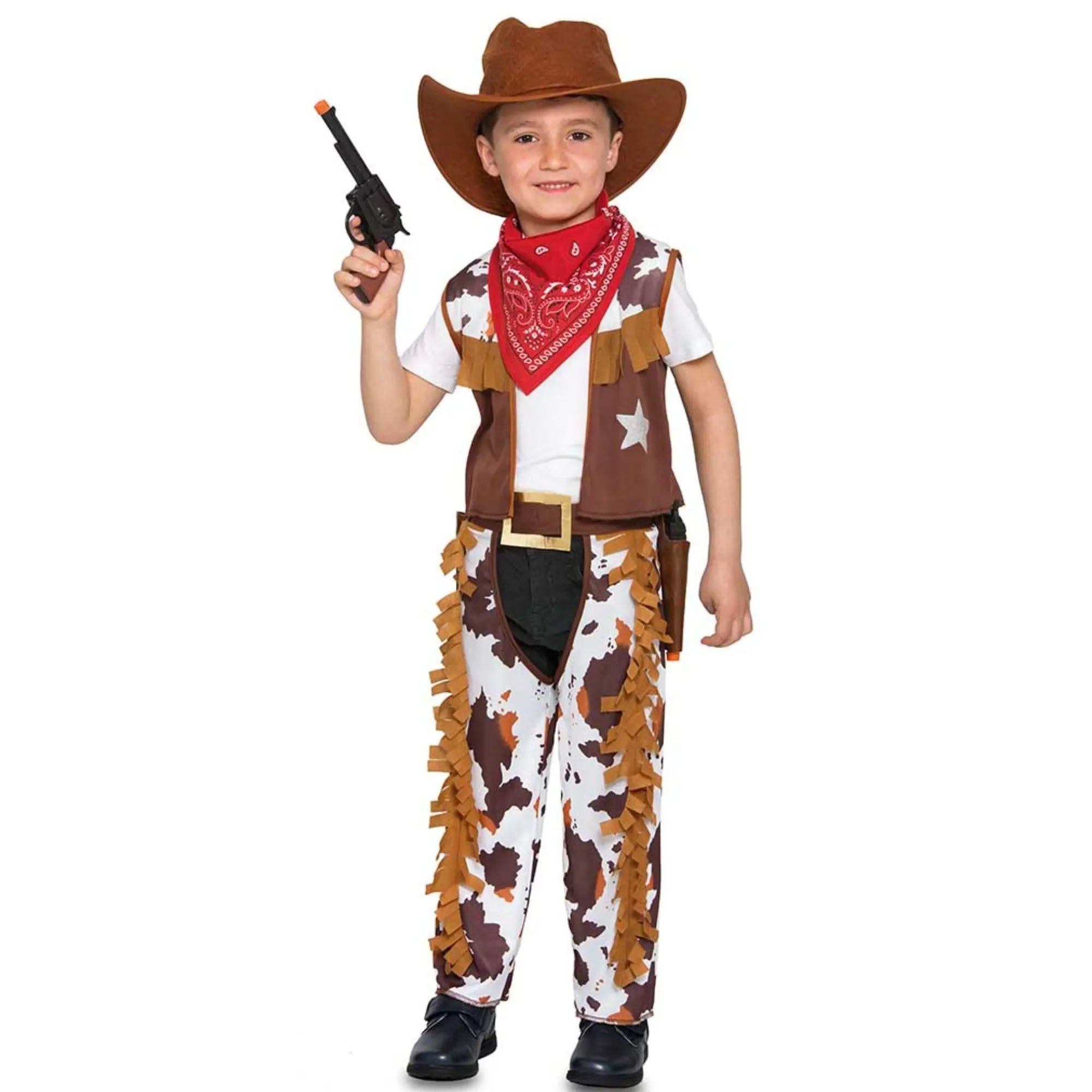 Disfraz de vaquero niño con pantalón estampado vaca marrón con flecos y sombrero