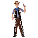 Disfraz de vaquero niño con chaleco y pantalón estampado de vaca marrón estilo far west