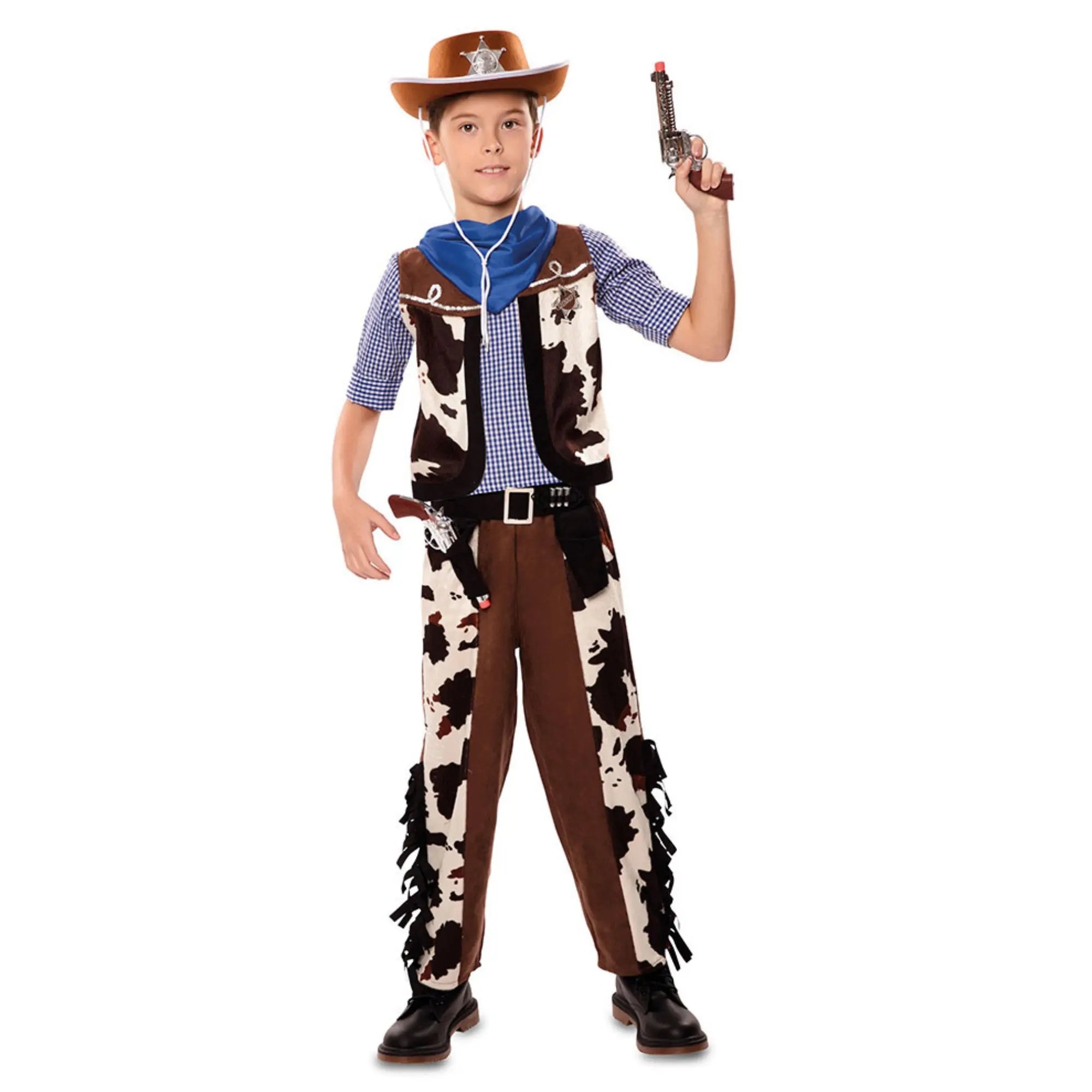Disfraz de vaquero niño con chaleco y pantalón estampado de vaca marrón estilo far west