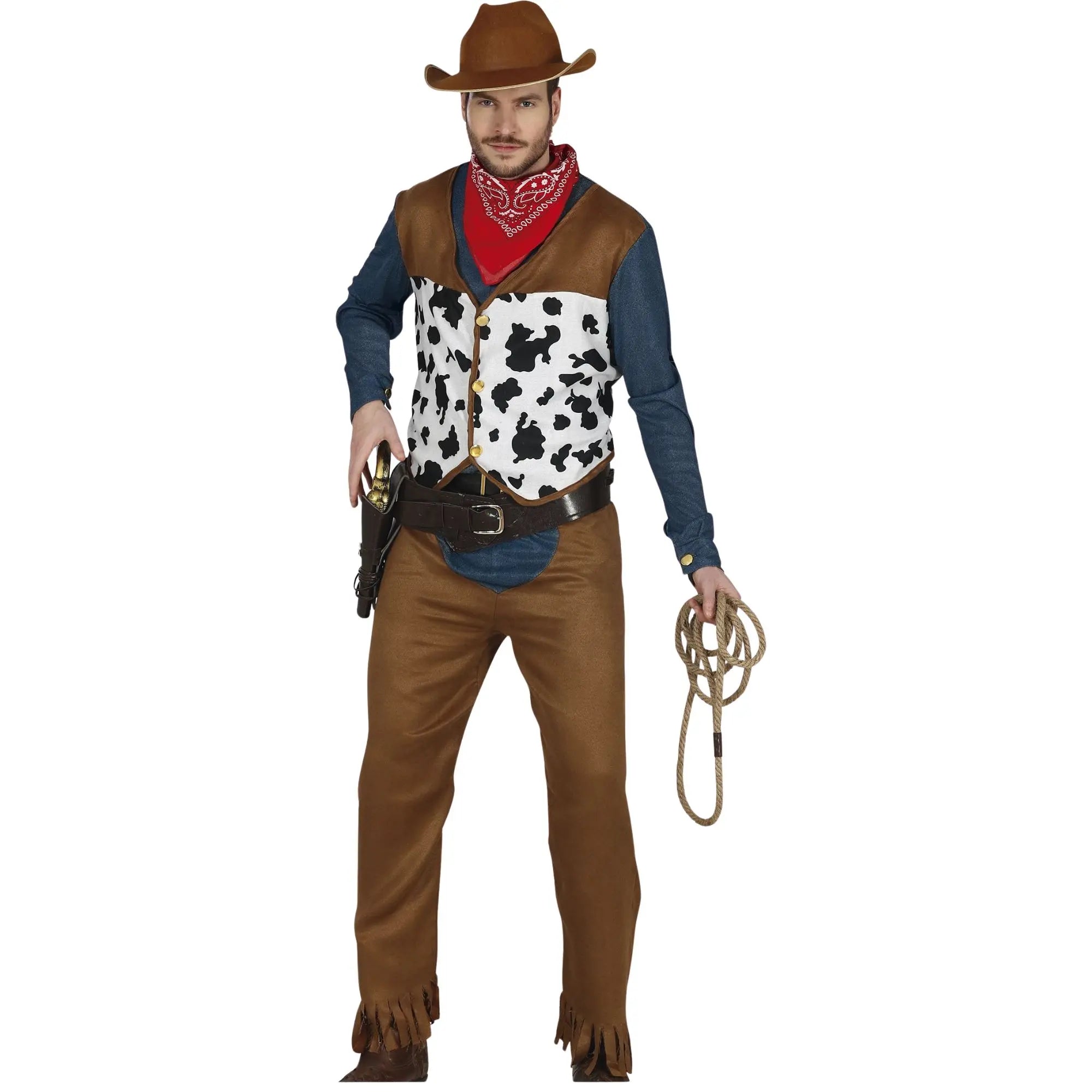Disfraz de cowboy para hombre con chaleco, cinturón, pantalón y camiseta estilo Oeste para Carnaval