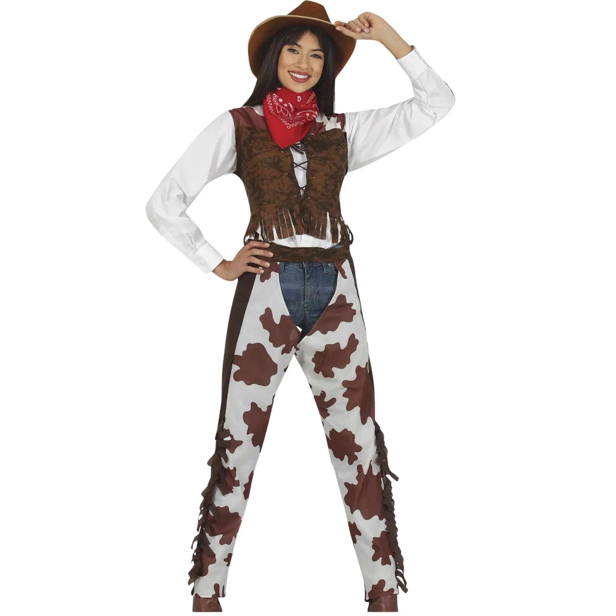 Disfraz de cowboy para mujer con cubrepantalón, chaleco y pañuelo estilo oeste ideal para Carnaval y fiestas temáticas