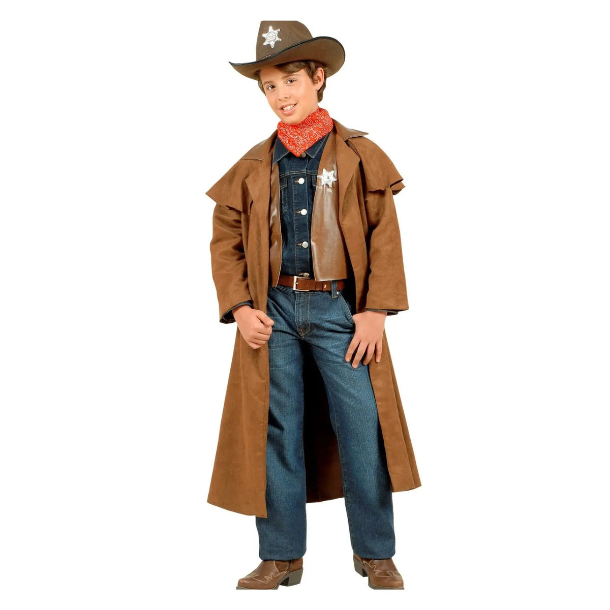 Disfraz de Vaquero infantil con gabardina, chaleco, estrella de sheriff y bandana