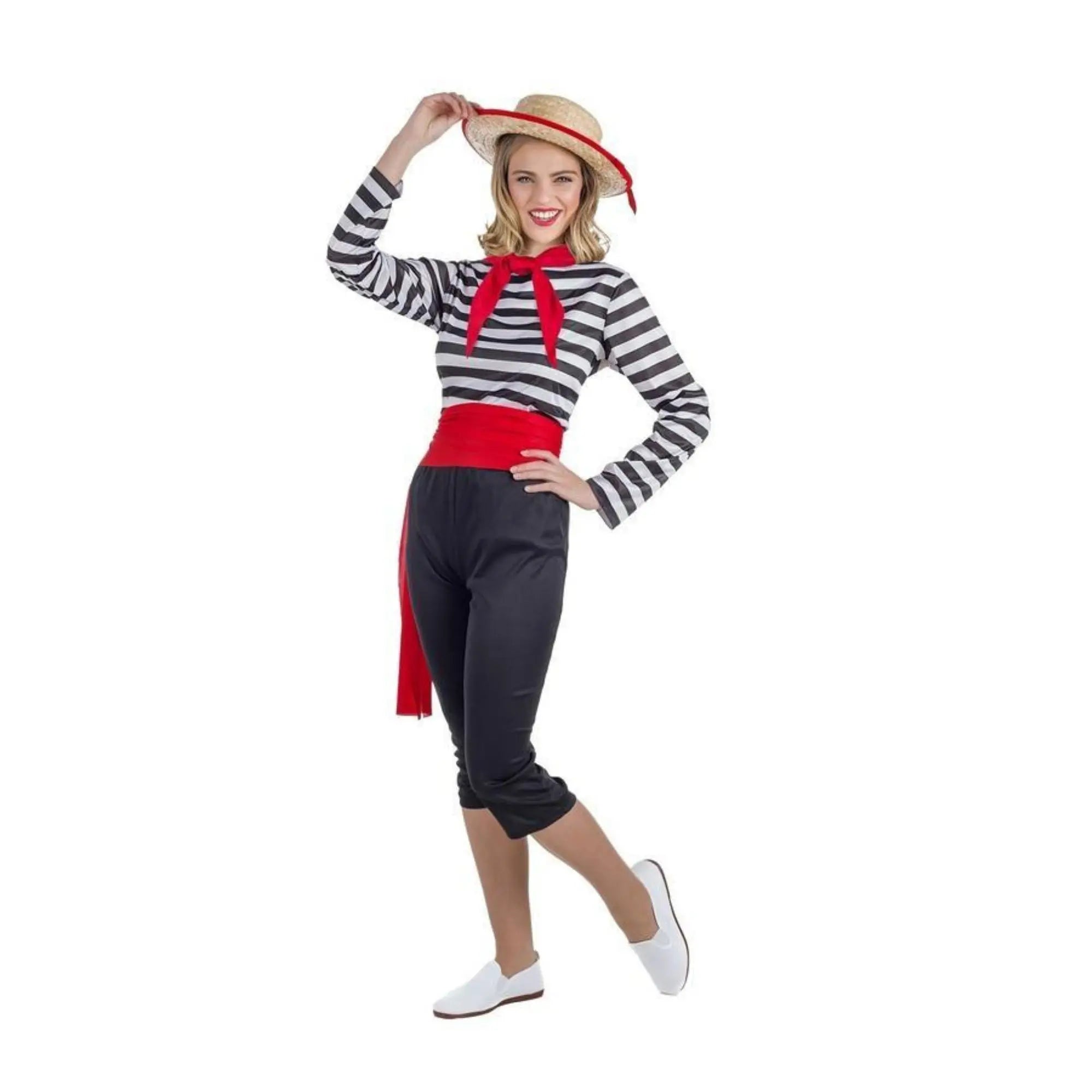 Disfraz de gondolera veneciana para mujer con sombrero, camisa a rayas, pañuelo, fajín y pantalón ideal para Carnaval