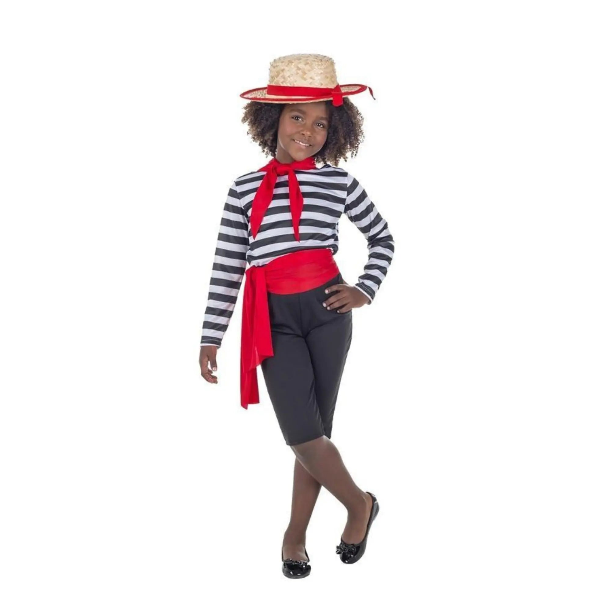Disfraz de gondolero veneciano para niña con sombrero, camisa, pañuelo, fajín y pantalón