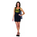Mujer con disfraz vestido Batgirl negro con símbolo amarillo y capa desmontable