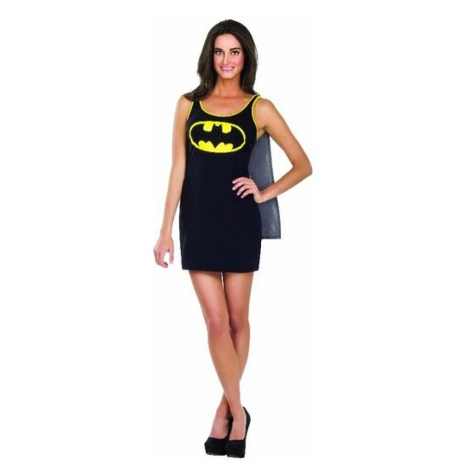 Mujer con disfraz vestido Batgirl negro con símbolo amarillo y capa desmontable