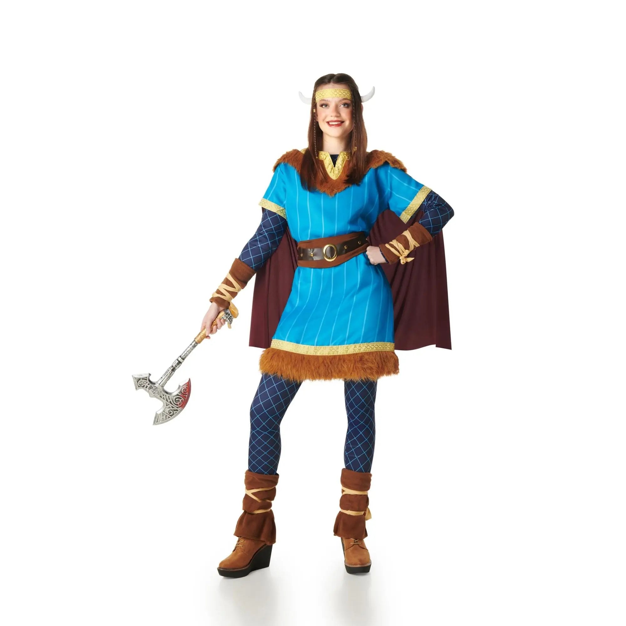 Disfraz vikingo azul para mujer con capa, cuernos y estilo nórdico completo para Carnaval