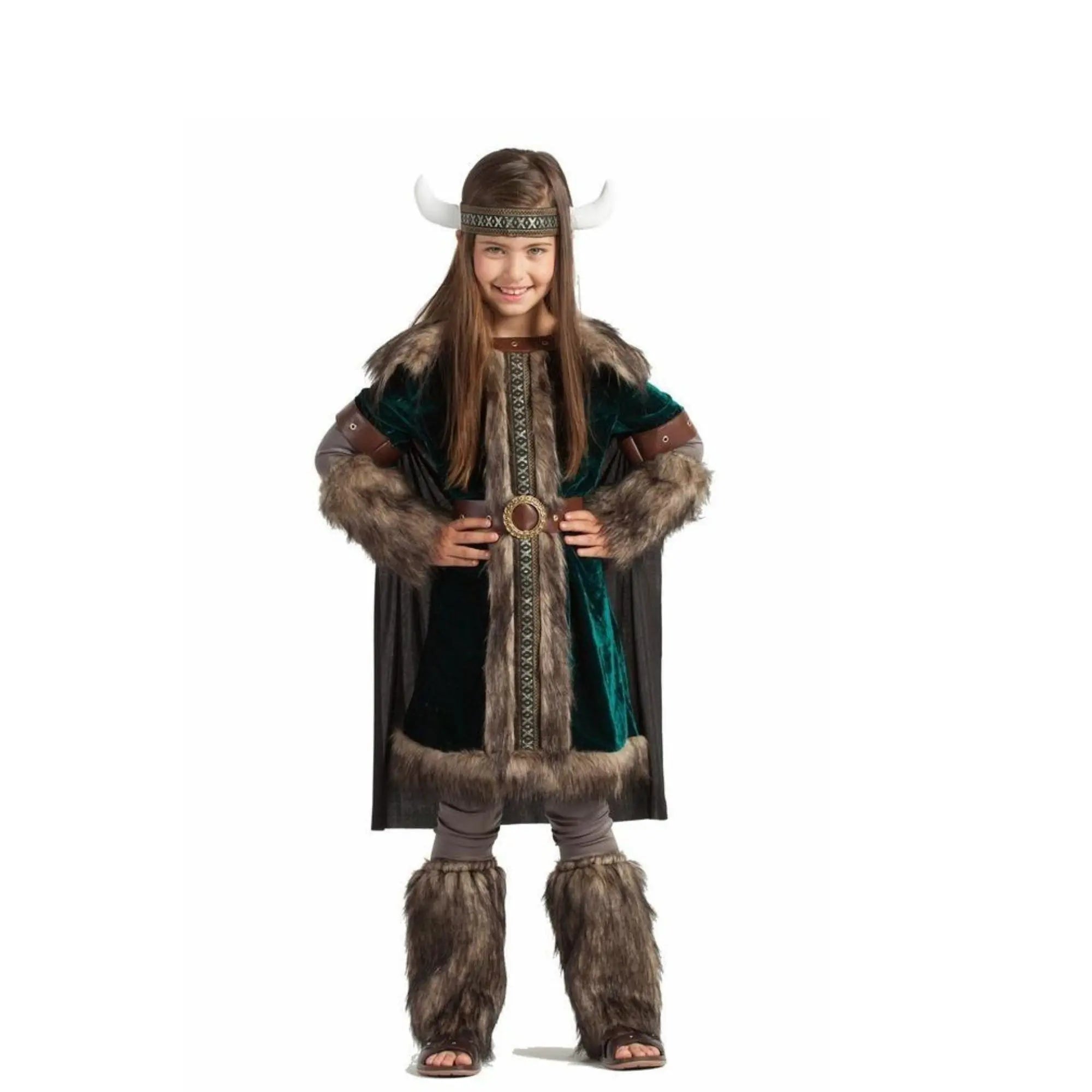 Disfraz de guerrera vikinga para niña con casco de cuernos y capa