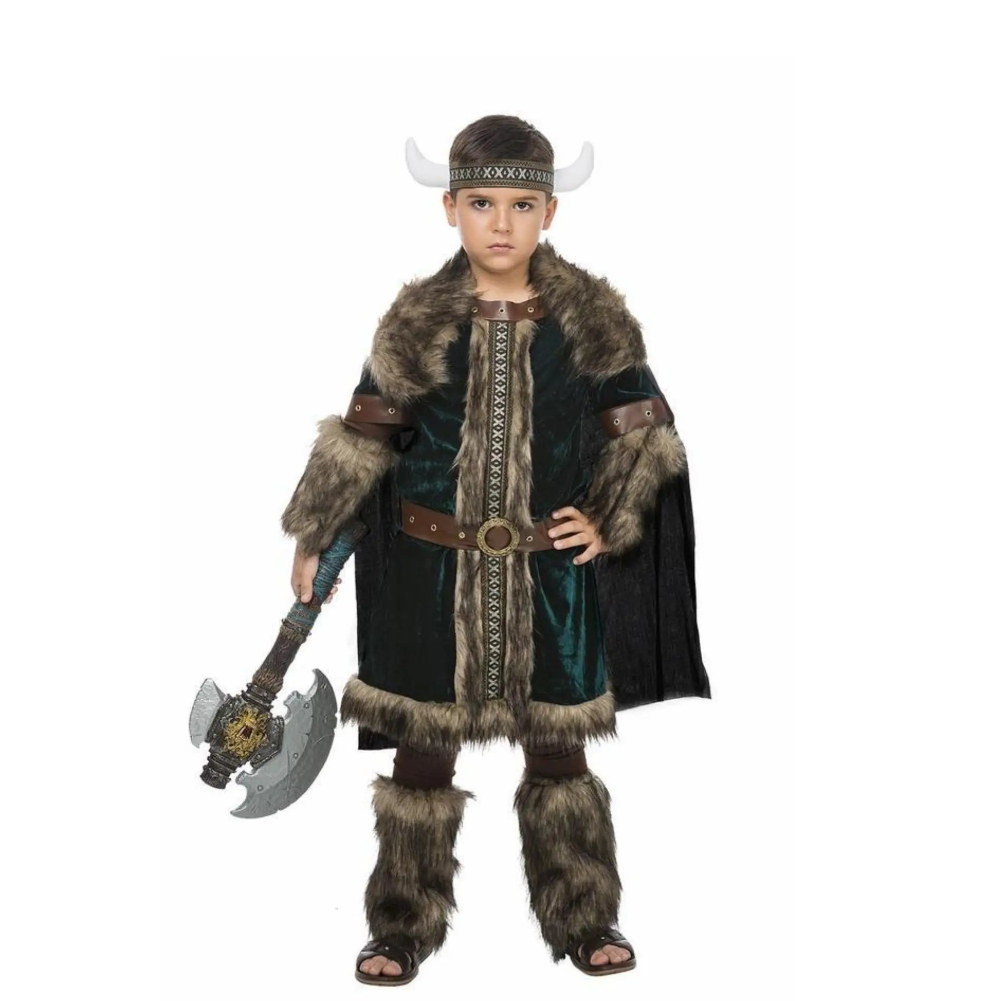 Disfraz de vikingo guerrero para niño con capa y cuernos completo