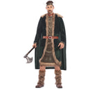 Disfraz de vikingo para hombre con túnica, capa y casco con cuernos en tonos verdes y marrones ideal para Carnaval