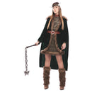 Disfraz de vikinga para mujer con túnica, capa y diadema con cuernos en tonos verdes y marrones ideal para Carnaval