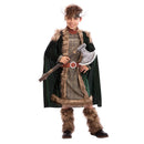 Disfraz de vikingo para niño con túnica, capa y casco con cuernos en tonos verdes y marrones ideal para Carnaval