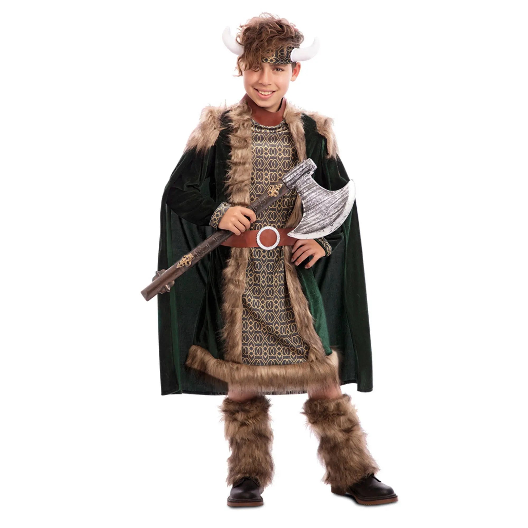 Disfraz de vikingo para niño con túnica, capa y casco con cuernos en tonos verdes y marrones ideal para Carnaval