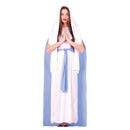 Mujer con disfraz de Virgen María con túnica, capa y tocado para belén viviente