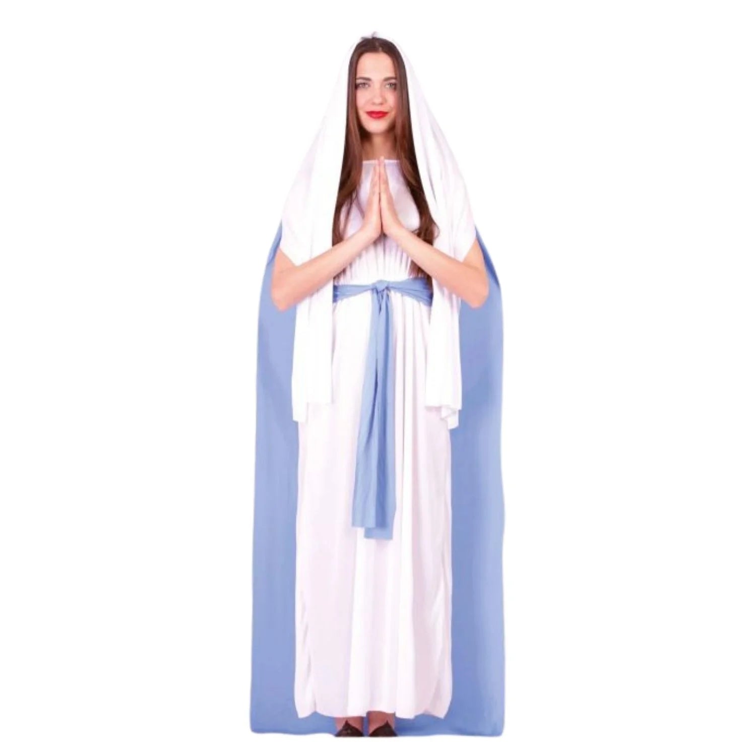 Mujer con disfraz de Virgen María con túnica, capa y tocado para belén viviente