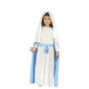 Niña con disfraz de Virgen María con túnica azul, capa y tocado para belén viviente