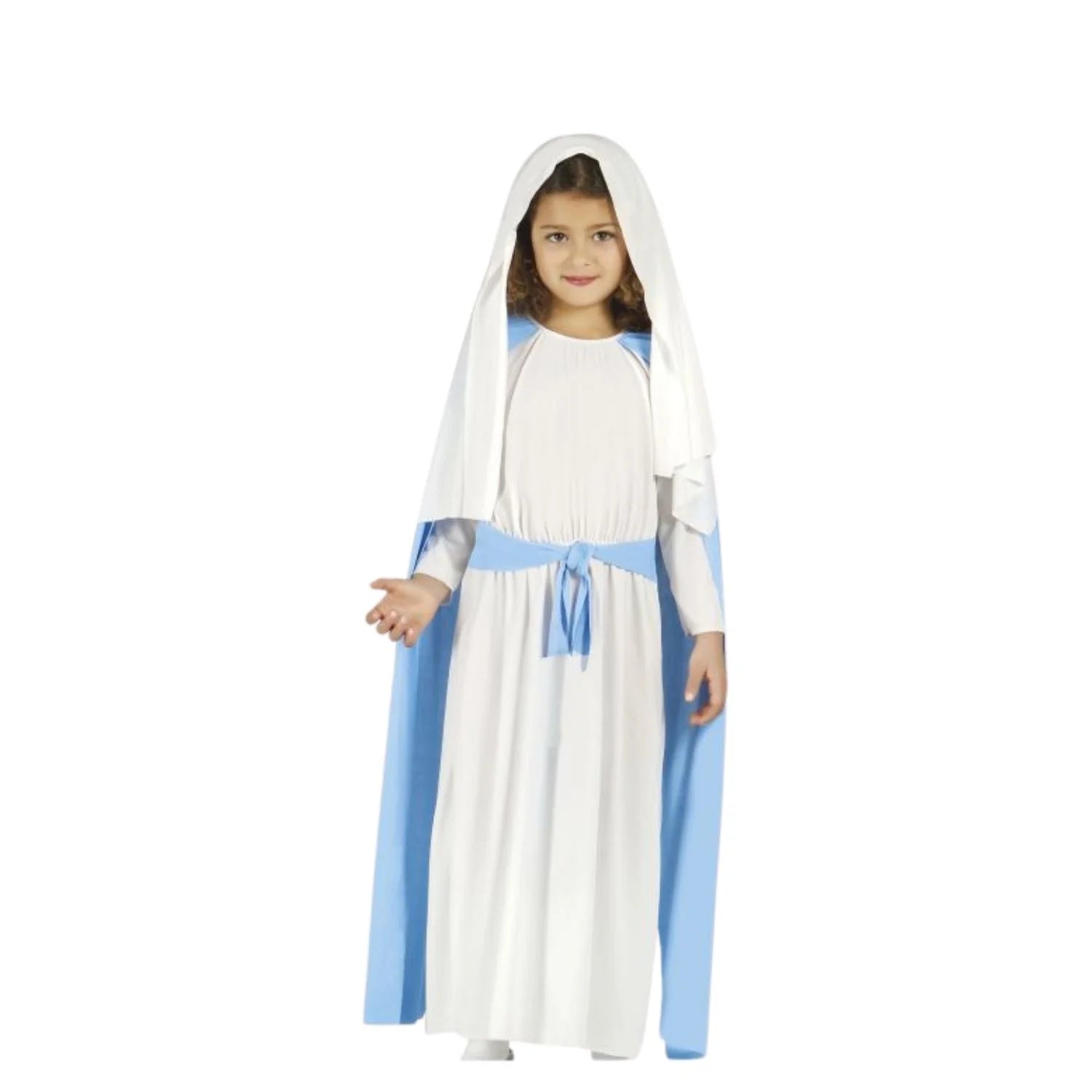 Niña con disfraz de Virgen María con túnica azul, capa y tocado para belén viviente