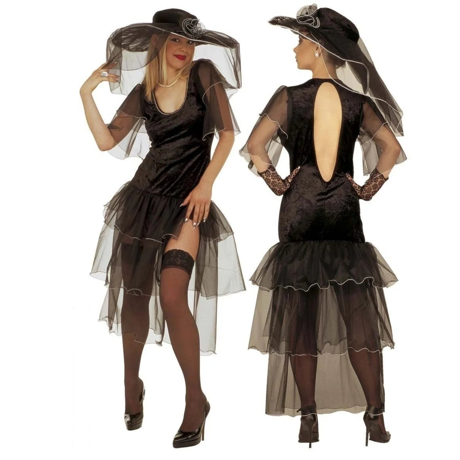 Disfraz Viuda Alegre XL para mujer con vestido negro y sombrero con velo