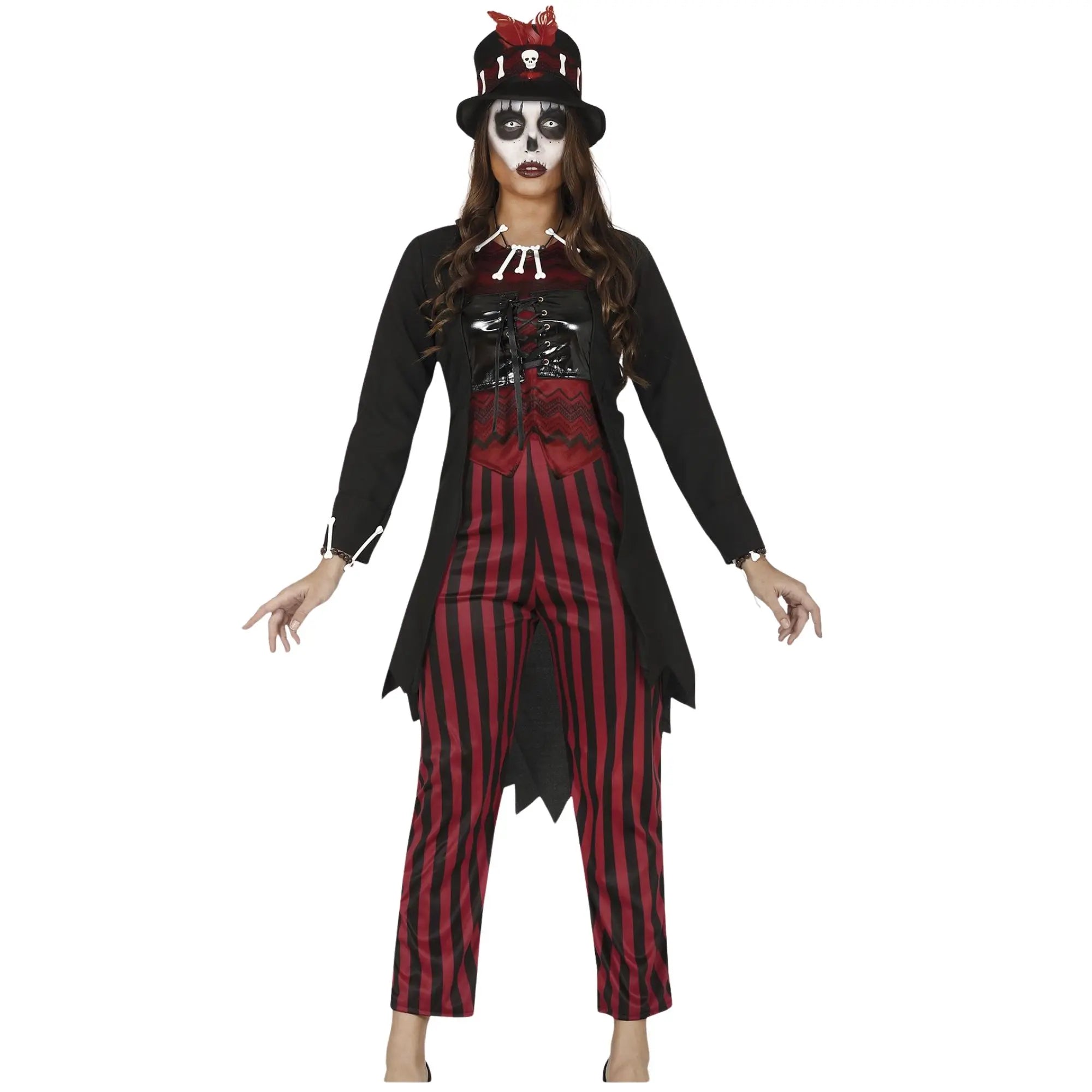Disfraz de vudú hechicera para mujer con chaqueta, corset, pantalón y sombrero ideal para Halloween