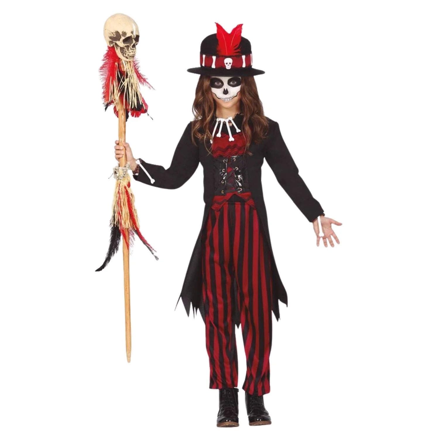 disfraz vudú hechicero niña con sombrero completo