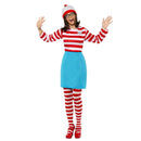 Disfraz de Wally para mujer con gorro, gafas, camiseta de rayas, falda azul y medias