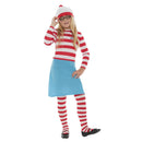 Disfraz de Wally para niña con gorro, gafas, camiseta de rayas, falda azul y medias a juego