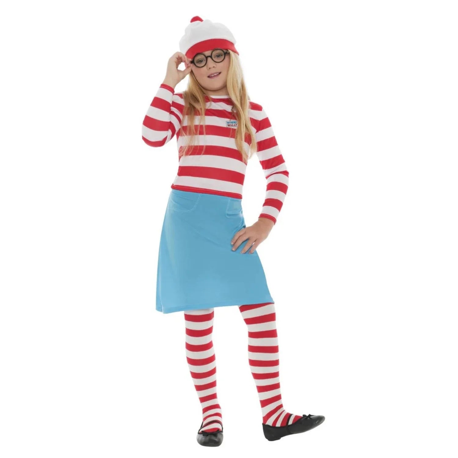 Disfraz de Wally para niña con gorro, gafas, camiseta de rayas, falda azul y medias a juego