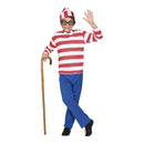 Disfraz de Wally para niño con camiseta de rayas rojas y blancas, pantalón azul y gorrito