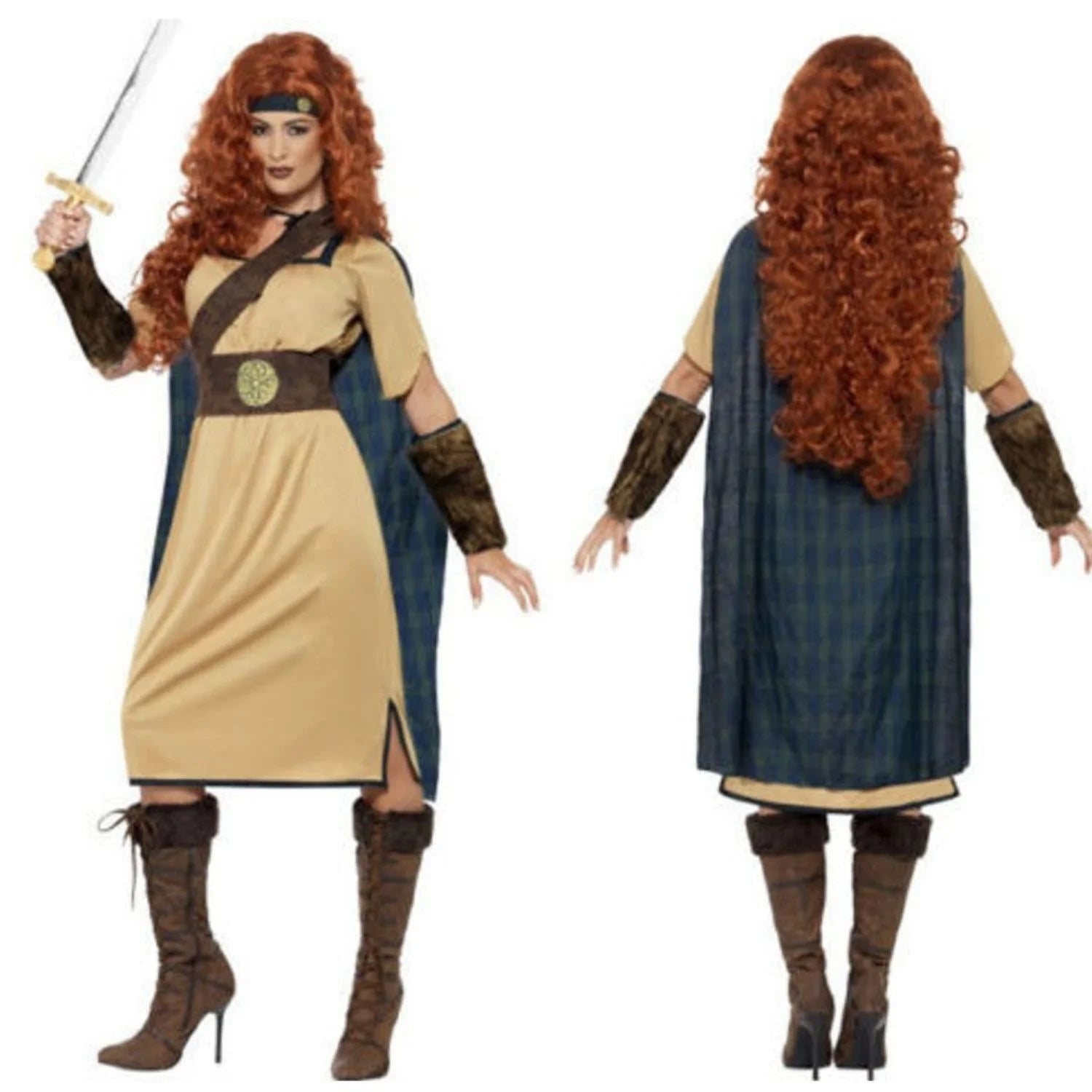 Disfraz Warrior Queen para mujer con vestido medieval y capa de guerrera