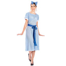 Mujer con disfraz de Wendy adulta de Peter Pan con vestido azul y diadema con lazo