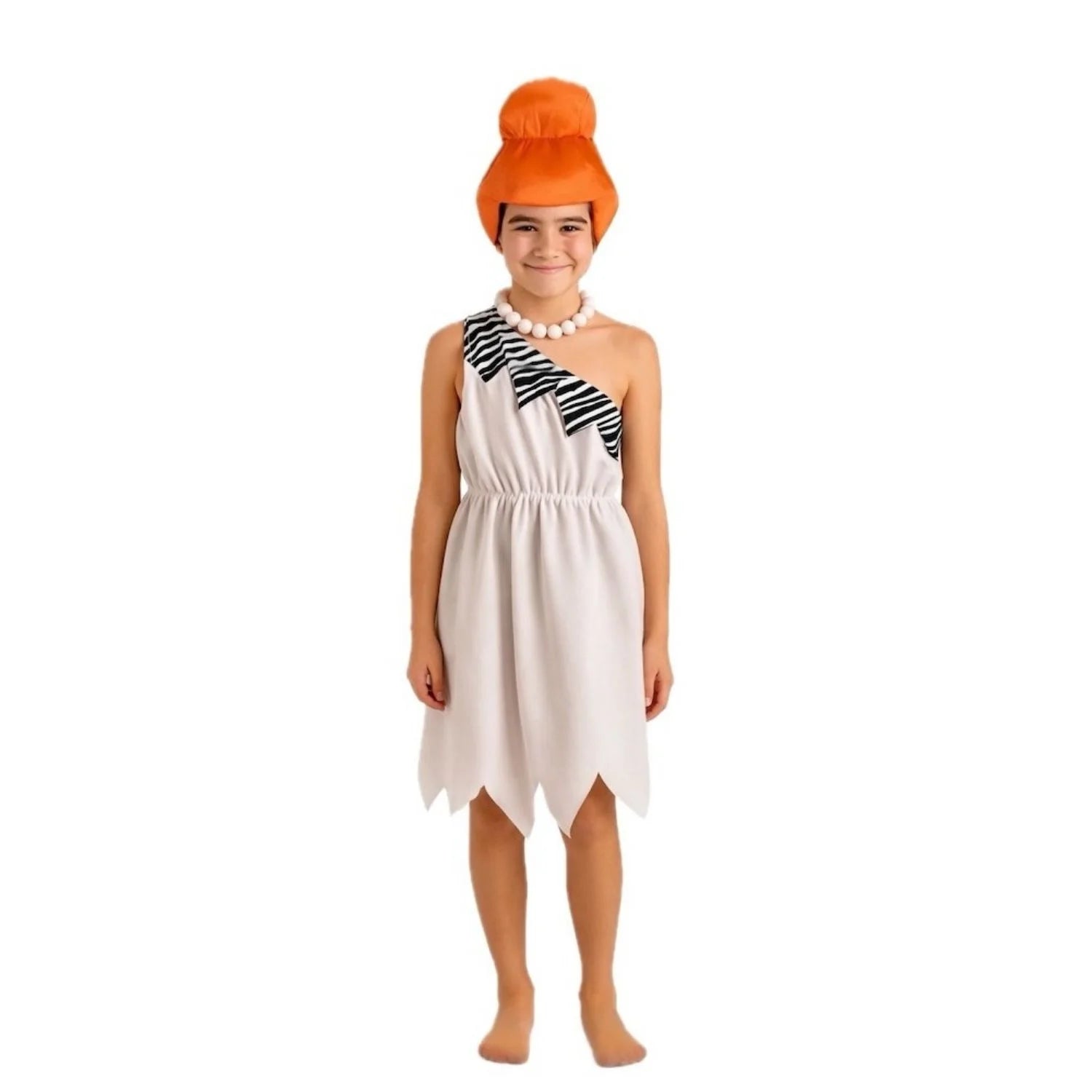 Disfraz Wilma Picapiedra infantil con vestido blanco y collar