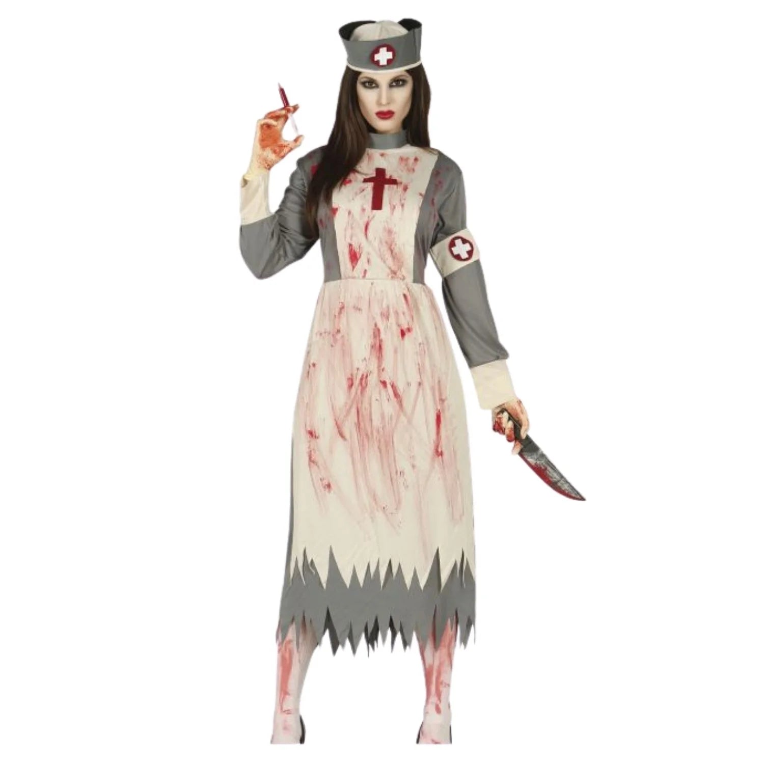 Disfraz zombie enfermera con vestido y tocado para Halloween