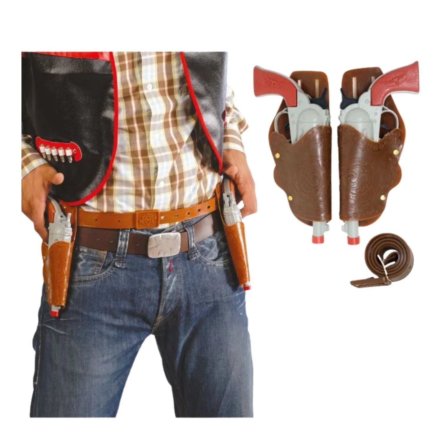 Doble cartuchera con pistolas western accesorio vaquero para completar look del lejano oeste en fiestas