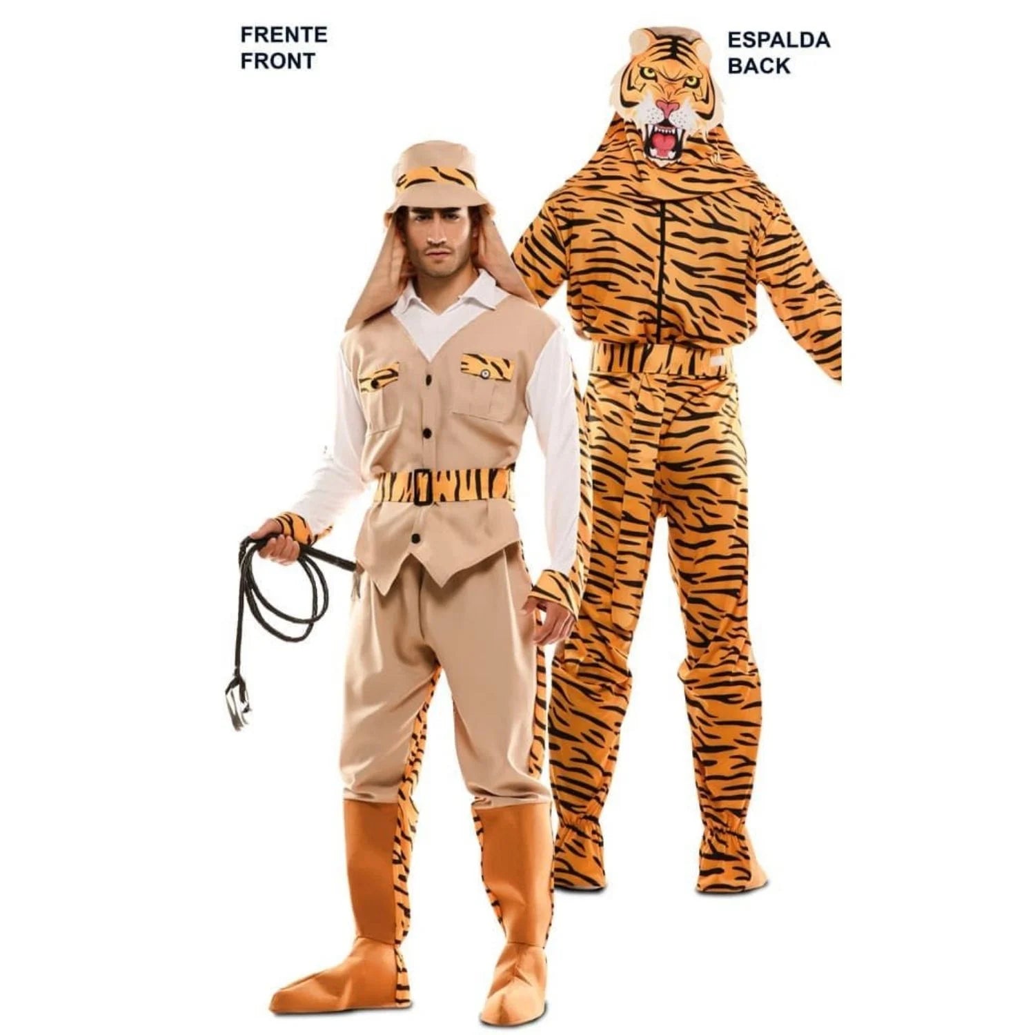 Adulto con doble disfraz reversible de cazador y tigre para Carnaval
