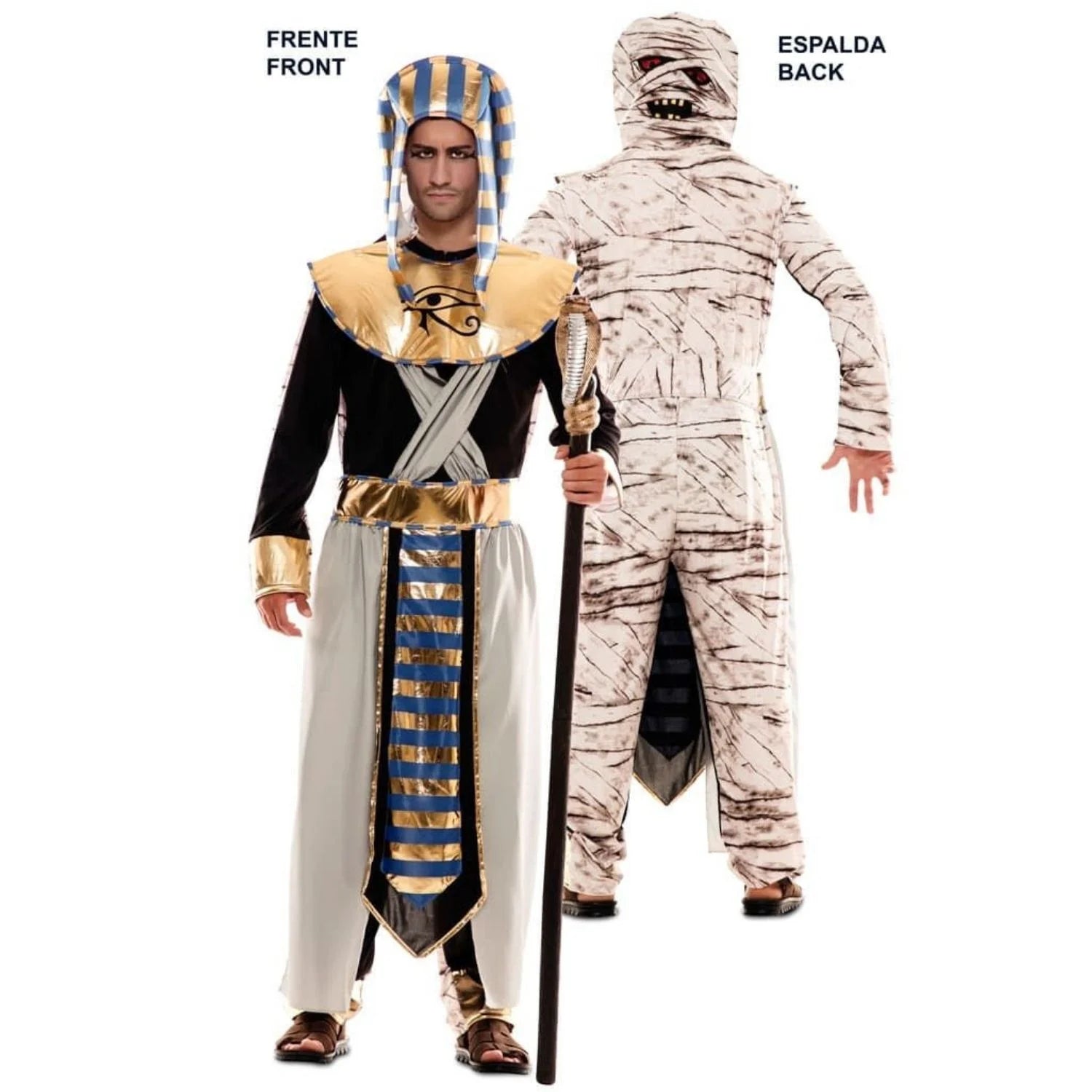 Hombre con doble disfraz reversible de egipcio y momia para Halloween