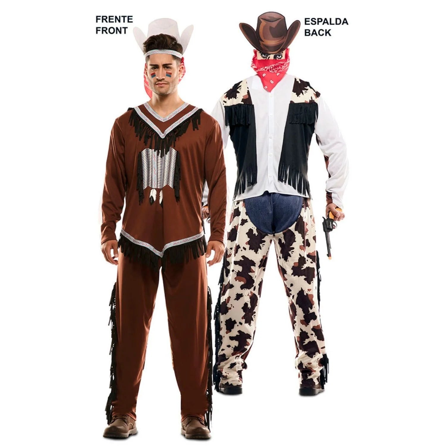 Hombre con doble disfraz reversible de indio y vaquero para Carnaval
