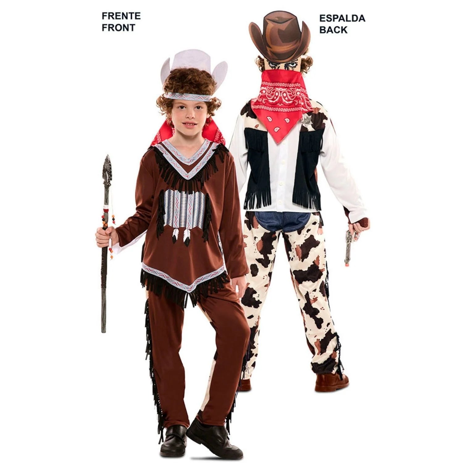 Niño con doble disfraz reversible de indio y vaquero para Carnaval