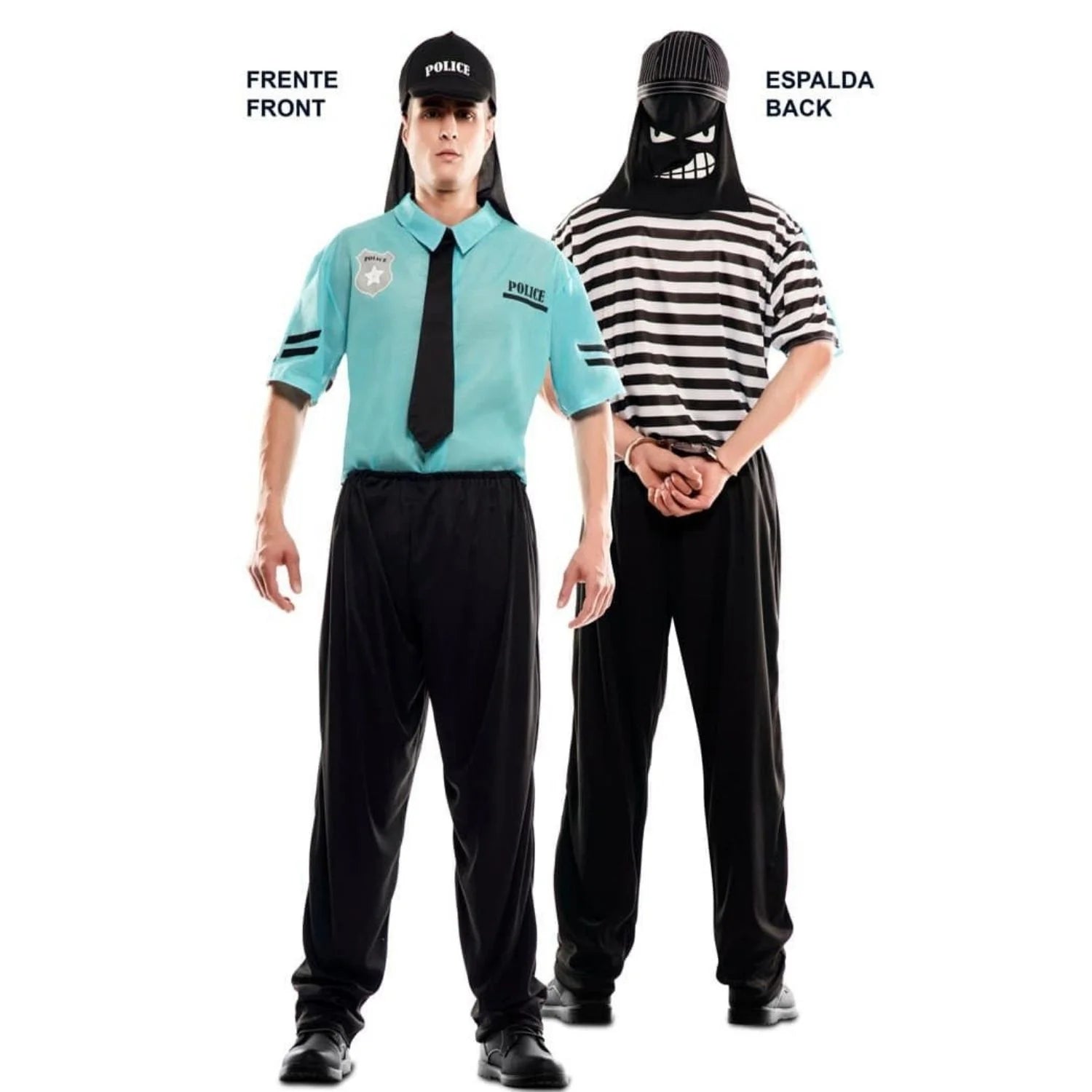 Hombre con doble disfraz reversible de policía y ladrón para Carnaval