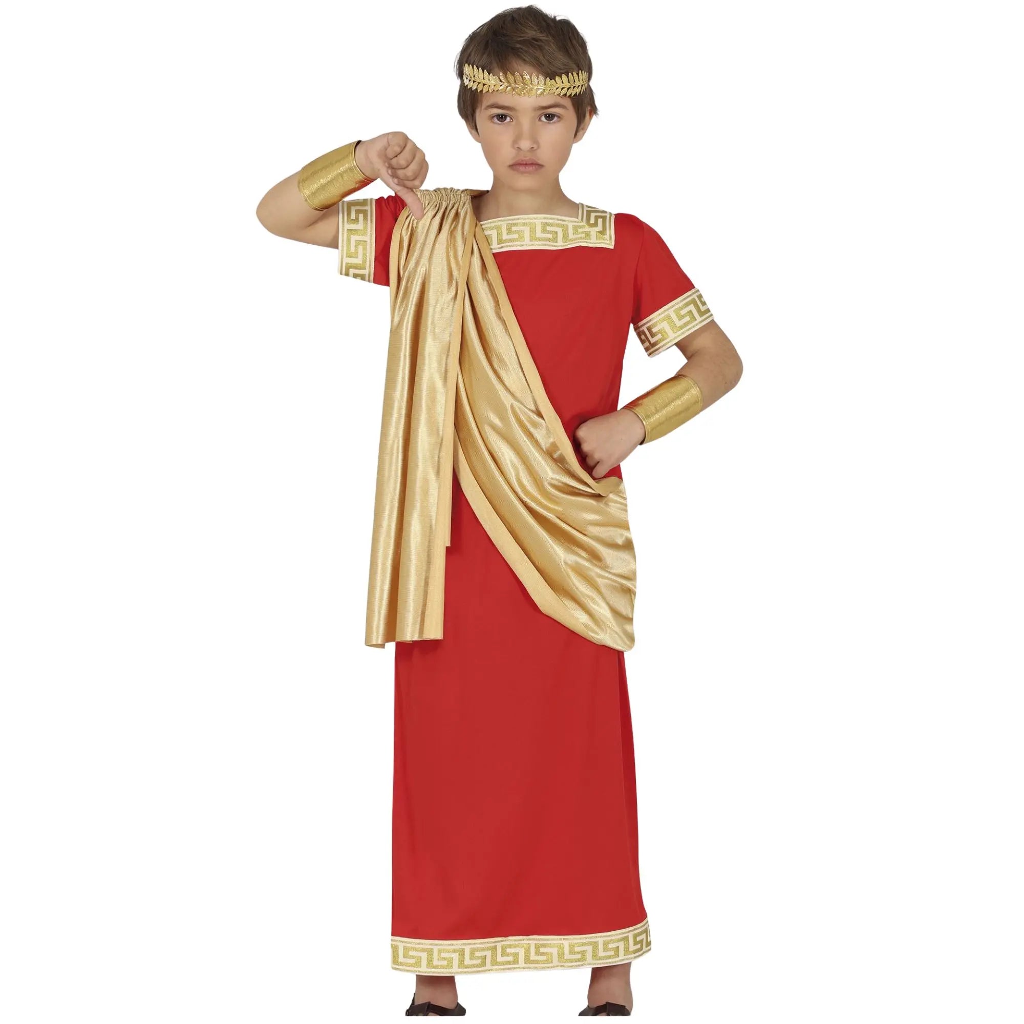 Disfraz romano rojo infantil con toga y túnica para Carnaval y fiestas escolares