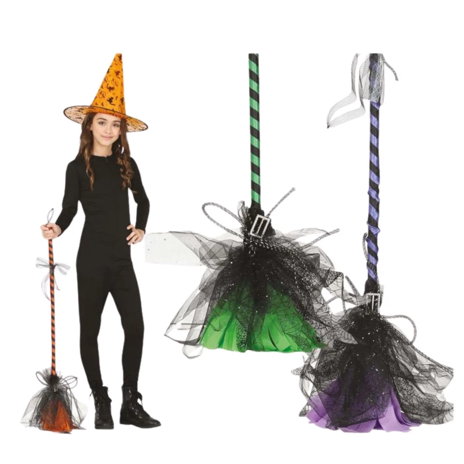 escoba de bruja 95 cm colores surtidos complemento para look de magia Halloween