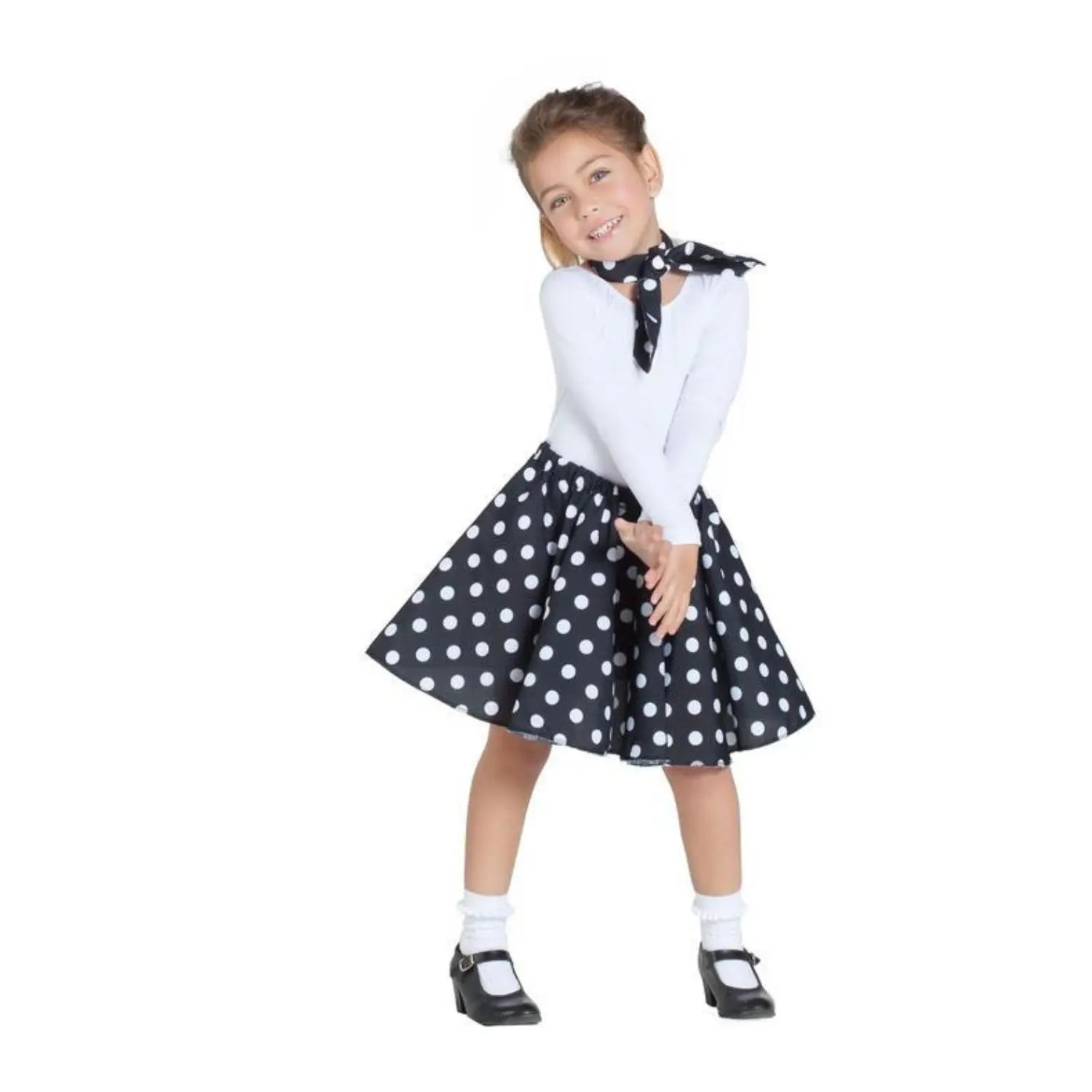 falda pin up negra infantil con enagua y pañuelo complemento para look años 50 en fiestas temáticas