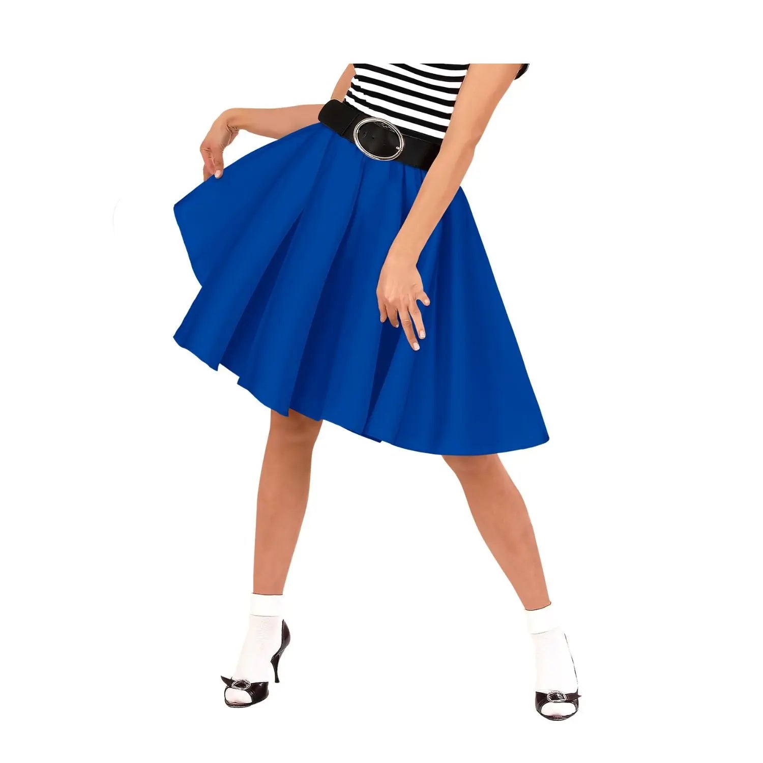 falda azul estilo rock and roll complemento para look años 50 en fiestas temáticas