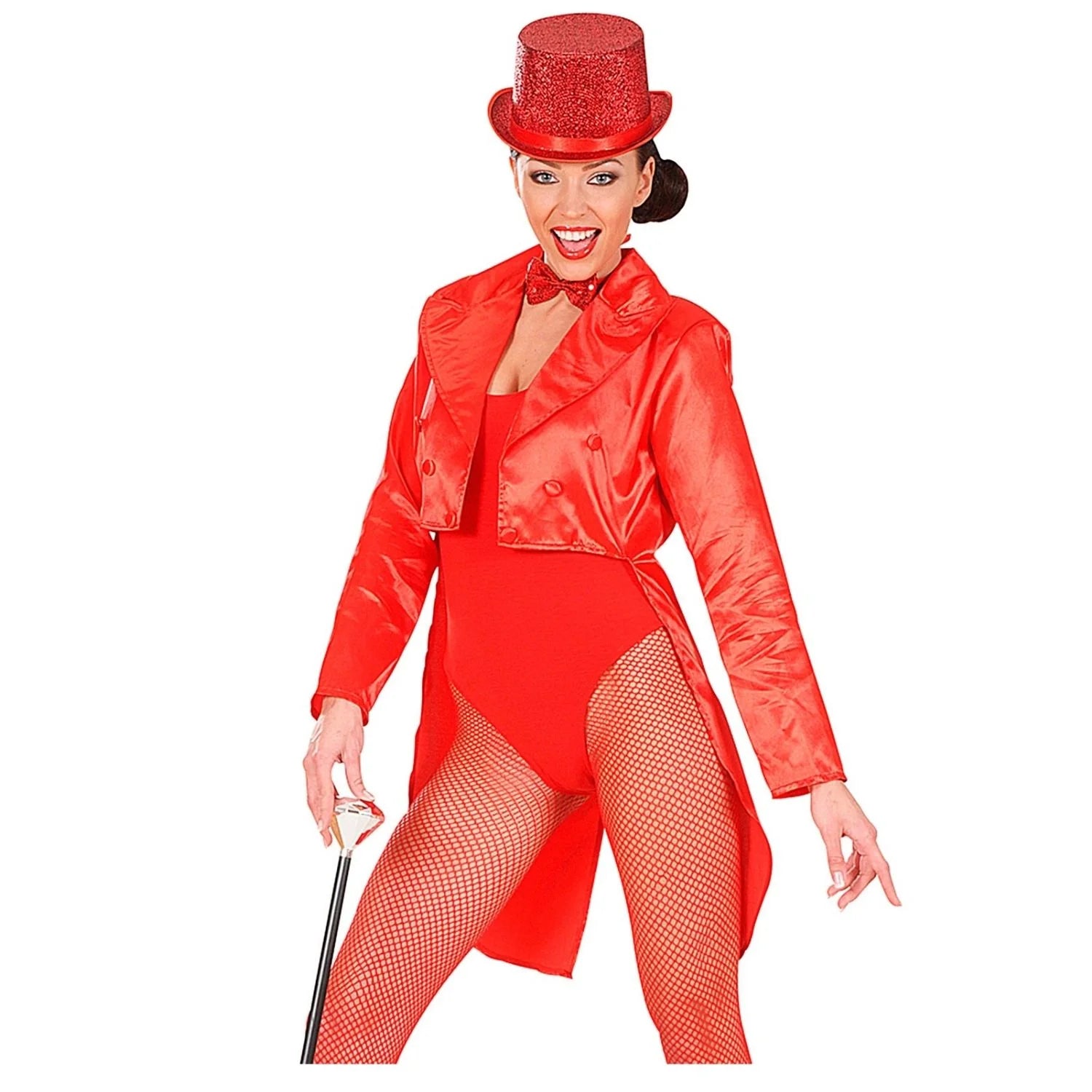 Frac en raso rojo para mujer ideal para cabaret y espectáculos