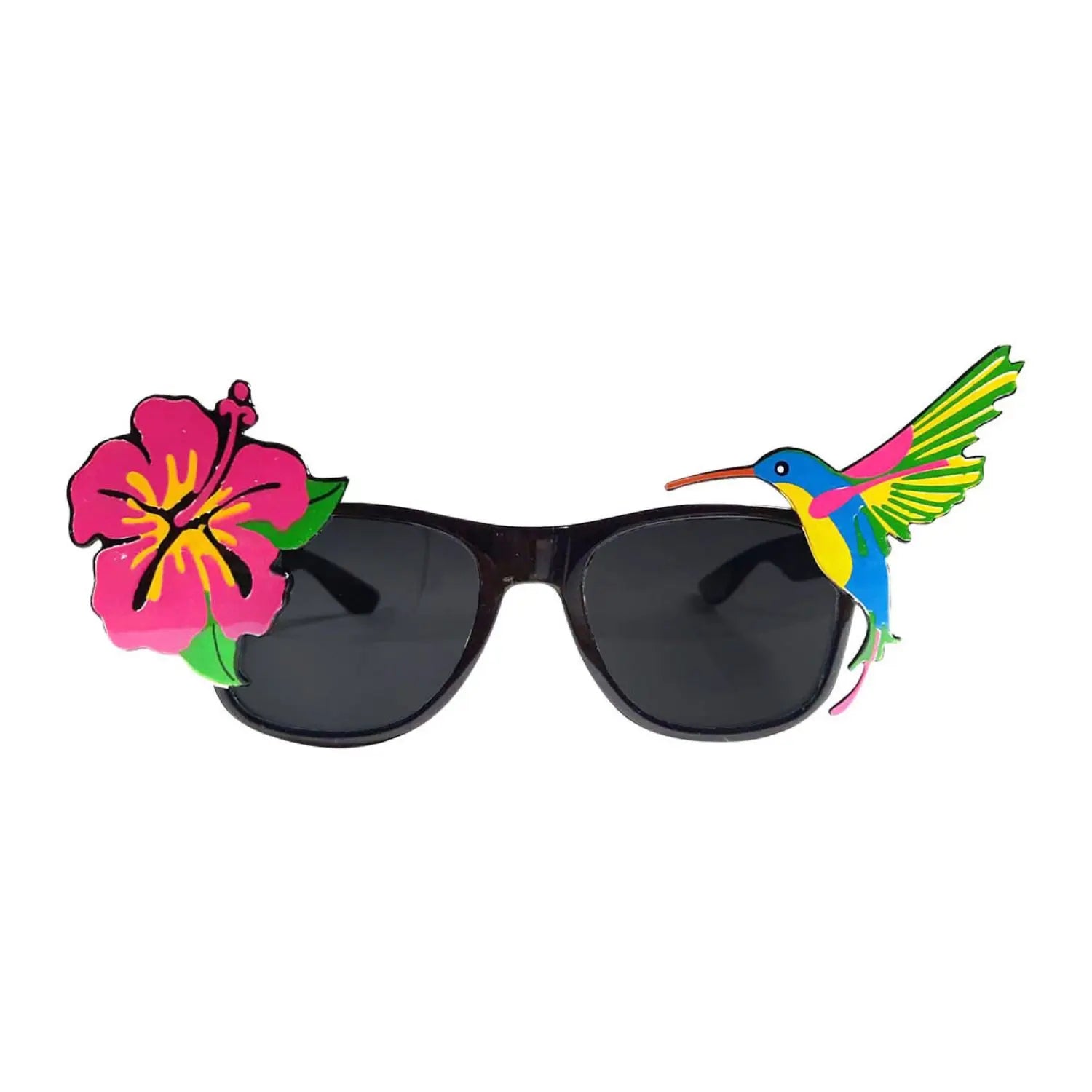 Gafas tropicales decoradas con flor exótica y colibrí de colores para fiesta hawaiana