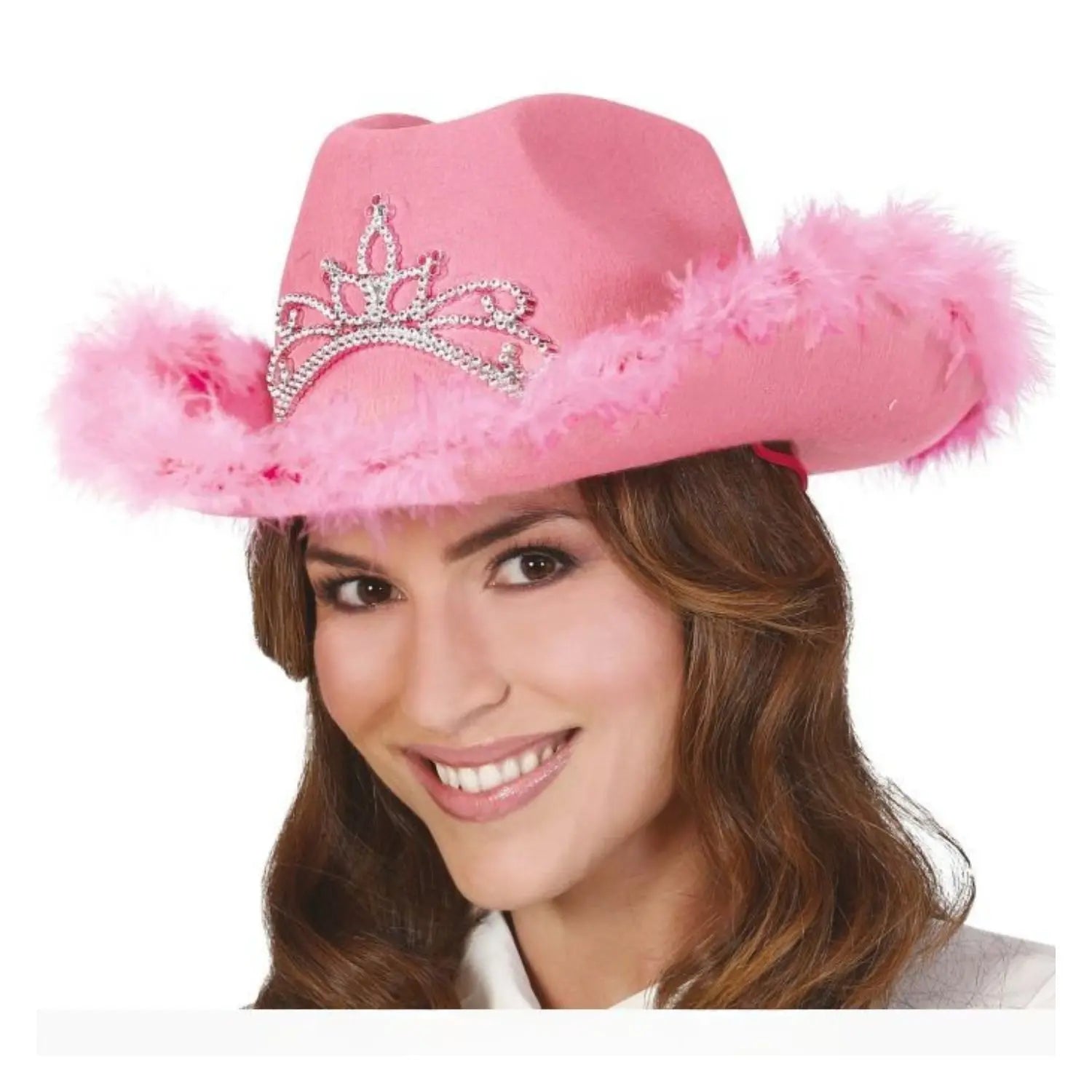 Gorro cowboy rosa con boa complemento vaquero para fiestas