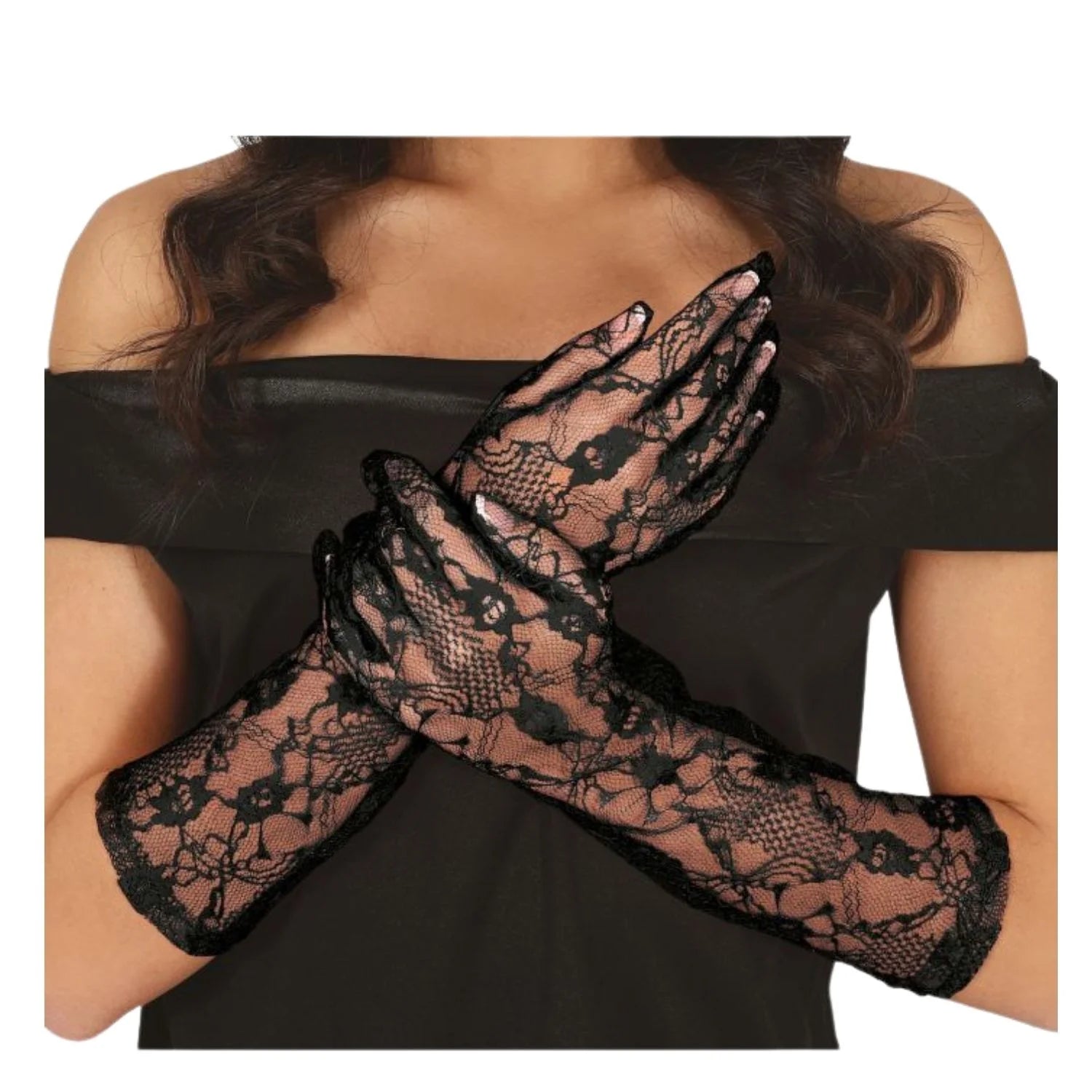 Guantes encaje negro accesorio elegante para completar look vintage o gótico en fiestas temáticas