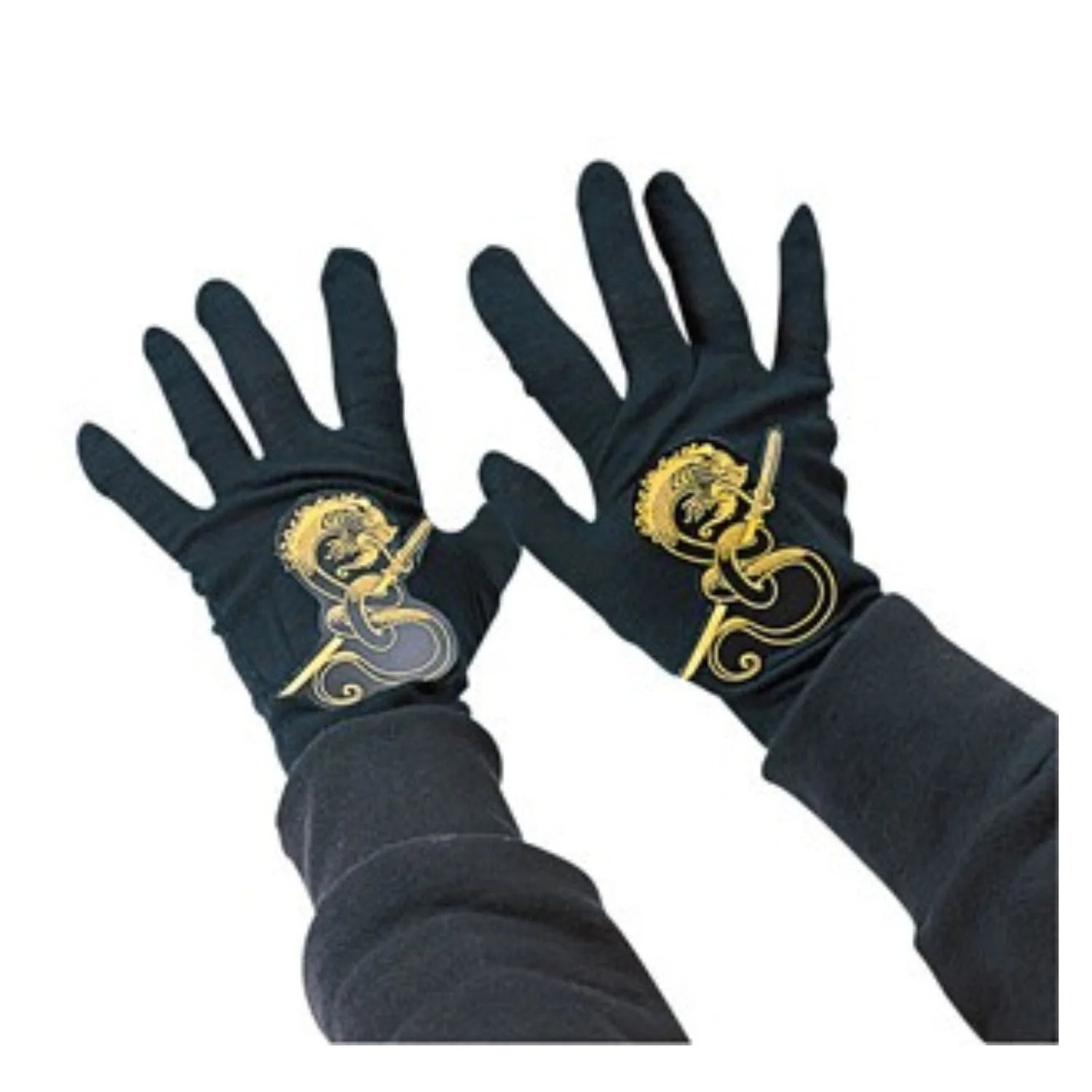 guantes ninja negros con diseño oriental dorado para look guerrero